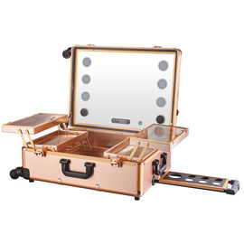 Rolling Makeup Case With Mirror , Makeup Vanity Box With Mirror And Lights