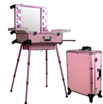 Professional Black/Pink Aluminum Makeup Case With Lights,Easy Carrying Aluminum Lights Case With Mirror KL-MCL008