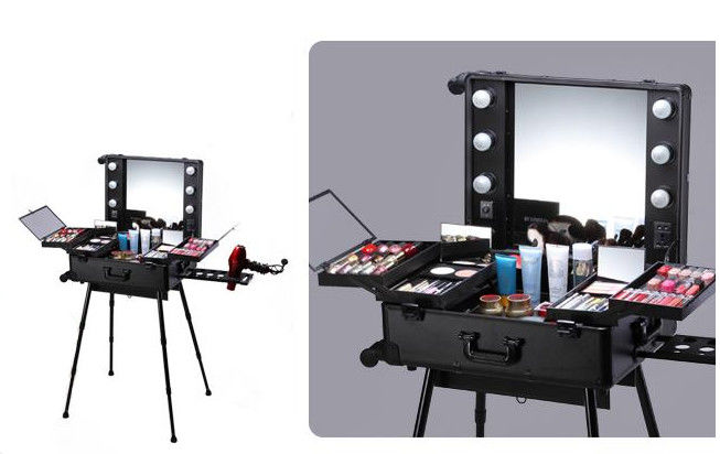Professional Rolling Makeup Organizer With Mirror And Lights For Makeup Goods