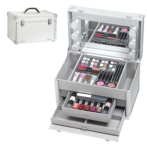 Silver Color Light Up Aluminium Makeup Case With Drawer And Mirror