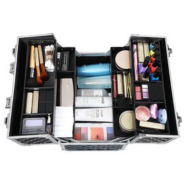 Black Makeup Vanity Case Cosmetic Box With Adjustable Dividers 4 Trays And 2 Locks