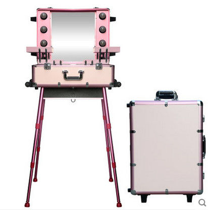 Professional Pink Aluminum Makeup Case With Lights,Easy Carrying Aluminum Lights Case With Mirror KL-MCL007