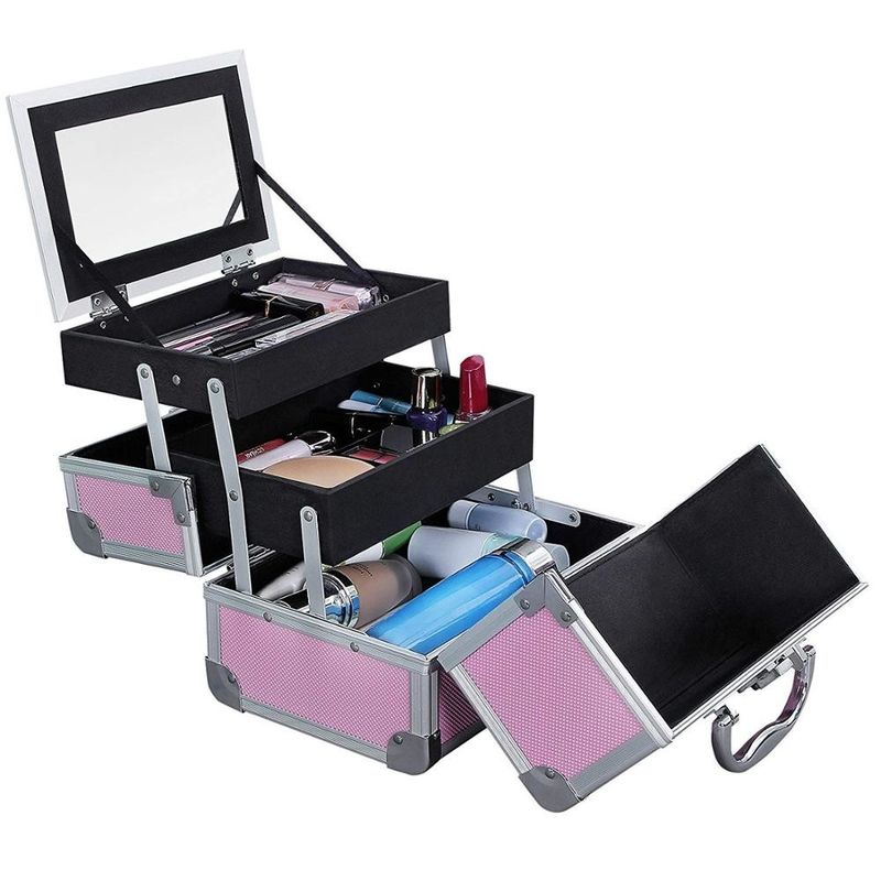 Portable Mini Makeup Vanity Case Organizer Box With Mirror 2 Trays Pink